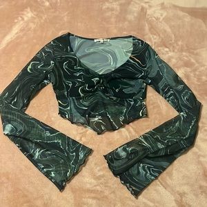 Mesh Sleeve Crop Top Swirl Pattern